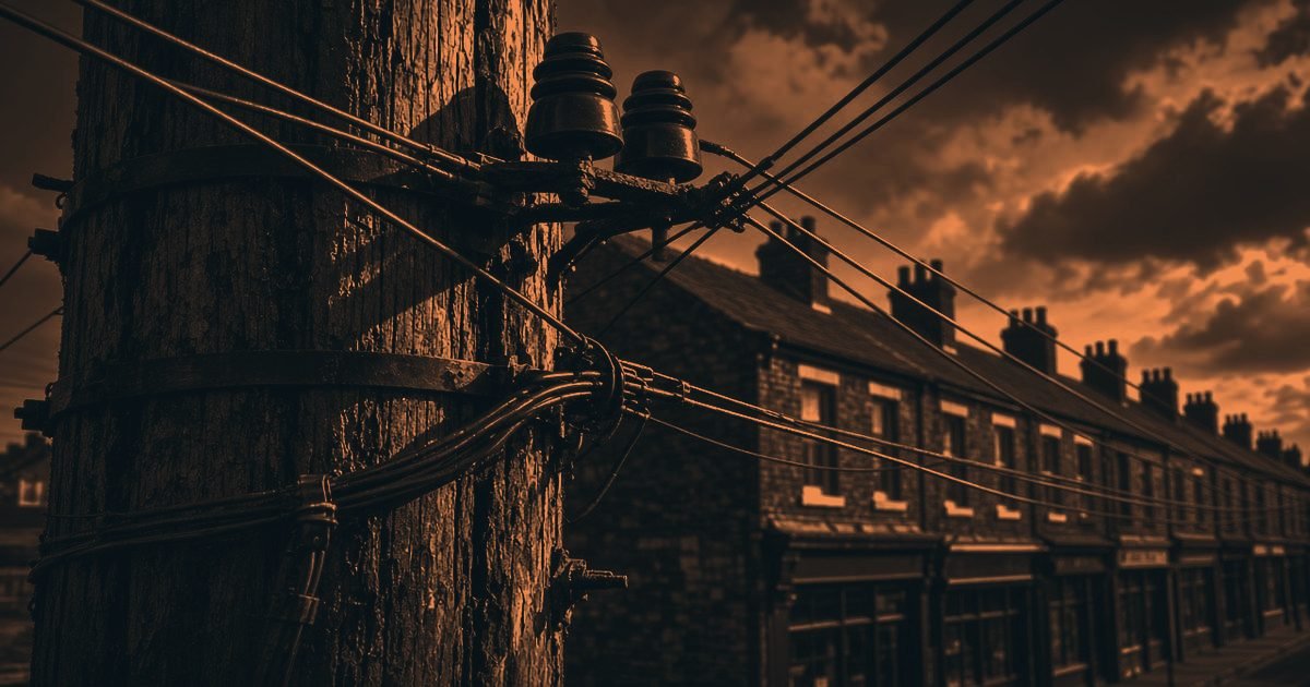 A wooden telegraph pole with overhead telephone lines running past a terrace of houses in a charcoal and orange duotone