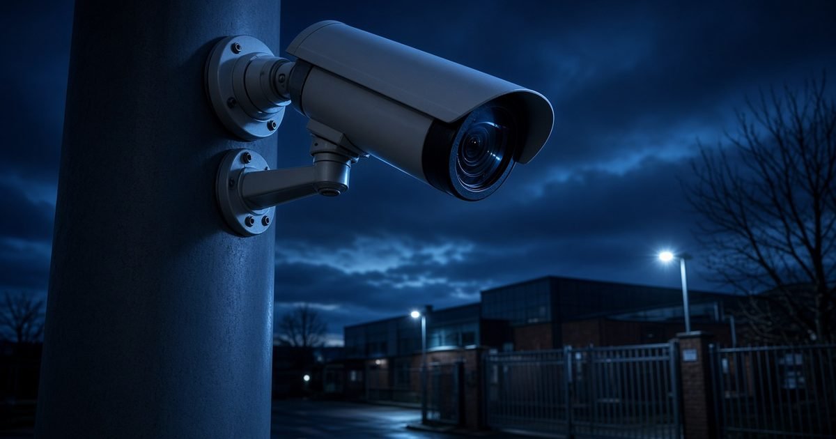 A CCTV camera on a tall column above the gate of a business park at night under a deep blue sky