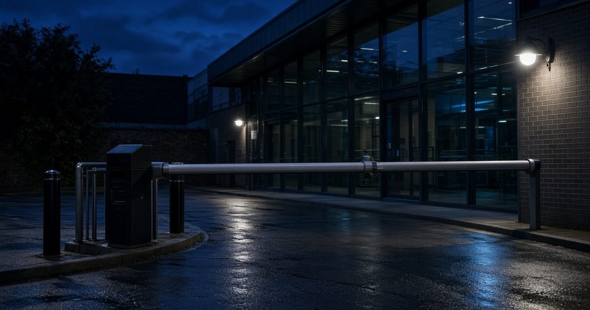 The barrier-controlled entrance to the car park of a public building at night under a deep blue sky
