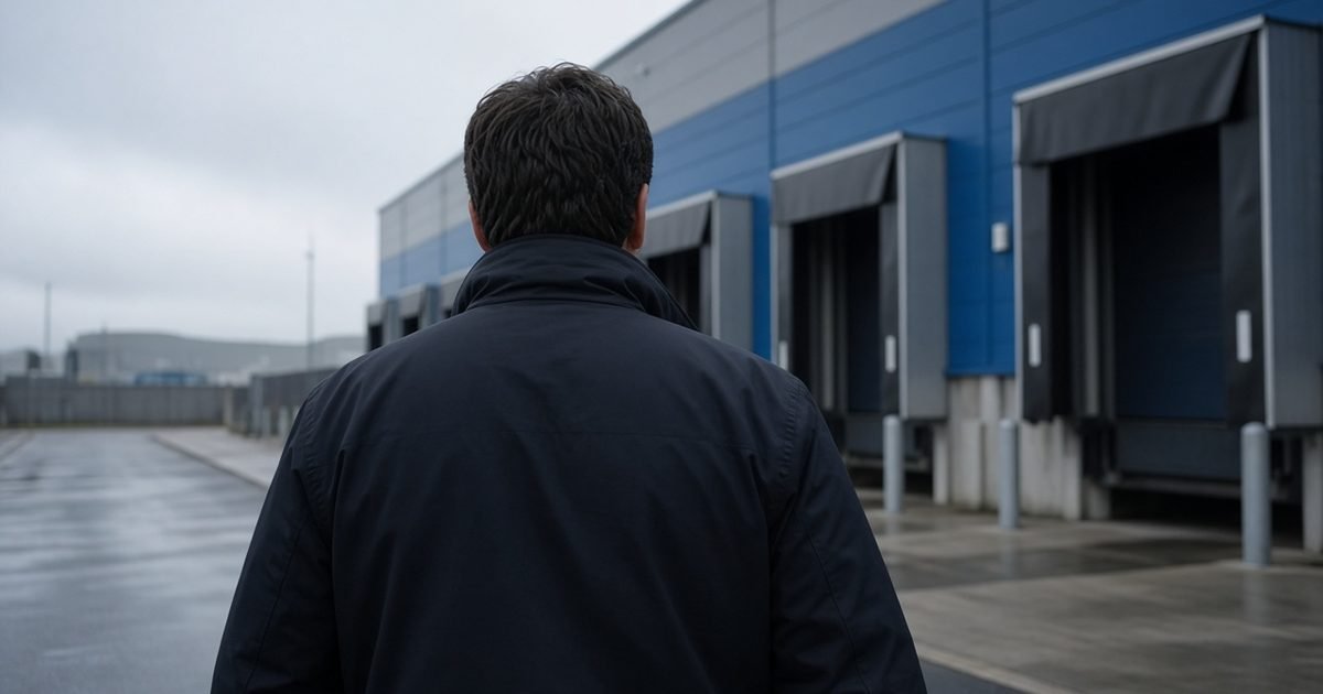 A security worker, seen from behind, walking past the loading bays of a business park in daylight