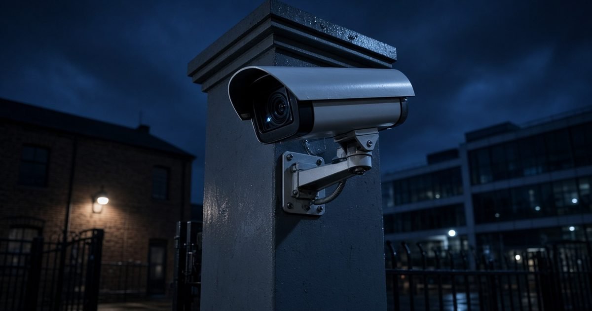 A CCTV camera on a tall column above the gate of a business park at night under a deep blue sky