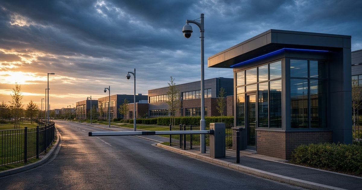 A wide view of a British business park with a gatehouse, a barrier and CCTV columns in warm light