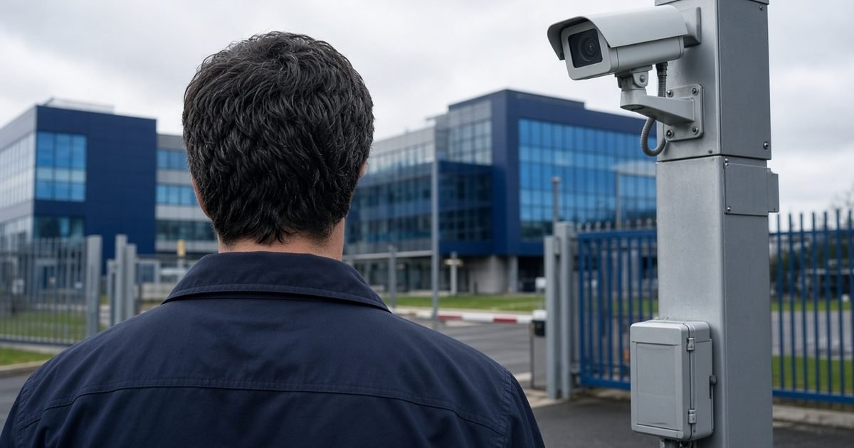 A security worker, seen from behind, beside CCTV at a business park gate in daylight