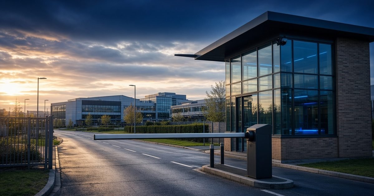 A wide view of a British business park with its gatehouse and barrier at the start of the day in warm light