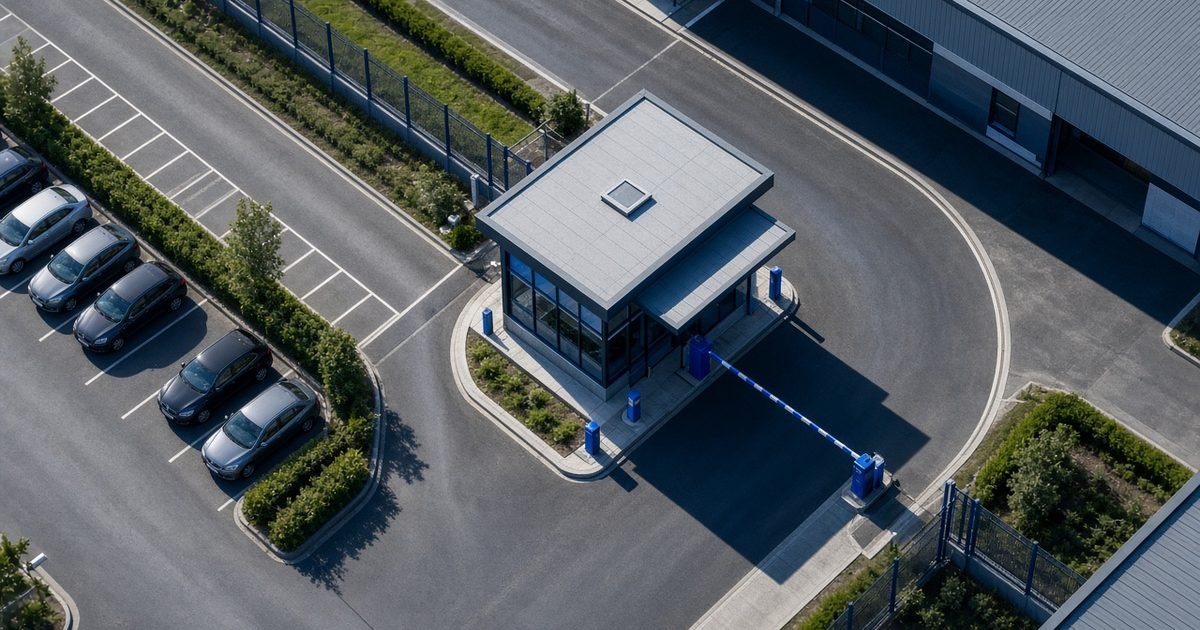 A business park gatehouse, barrier and access road, seen from high above in daylight
