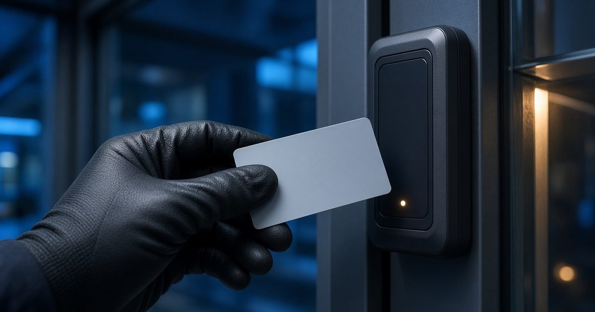 Close detail of a gloved hand holding a proximity card against an access control reader beside a glass door, with one warm light on it