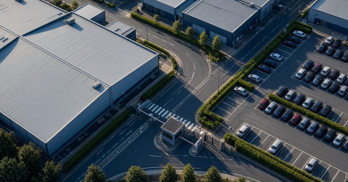 The roads, car parks and security gate of a business park, seen from high above in daylight