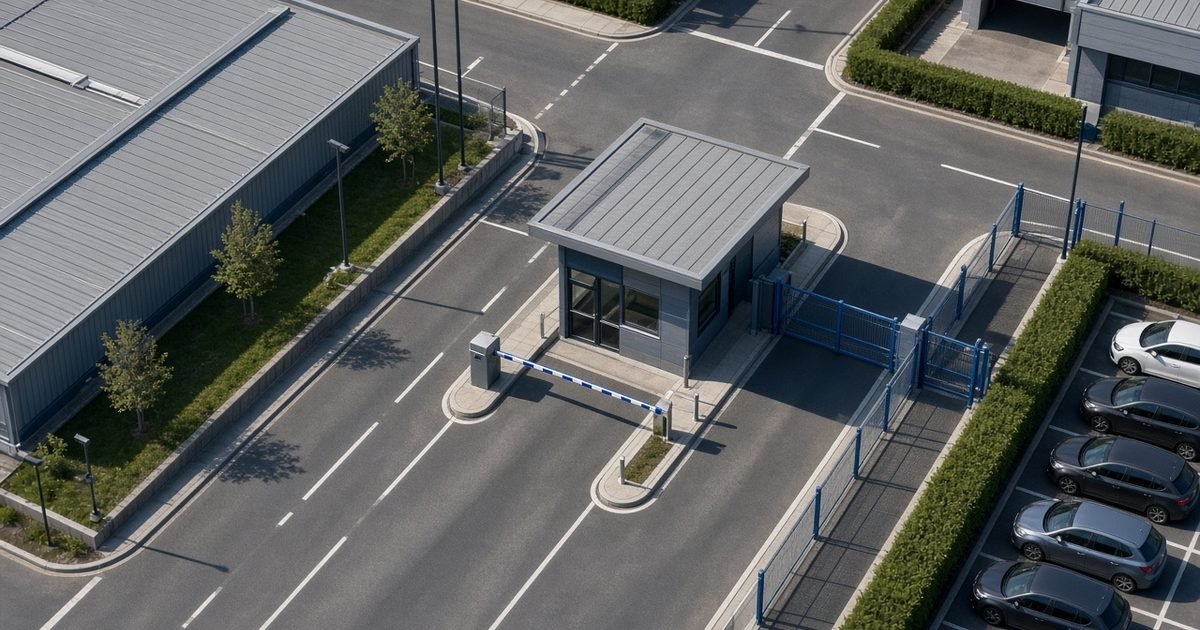 A business park gatehouse, barrier and access road, seen from high above in daylight