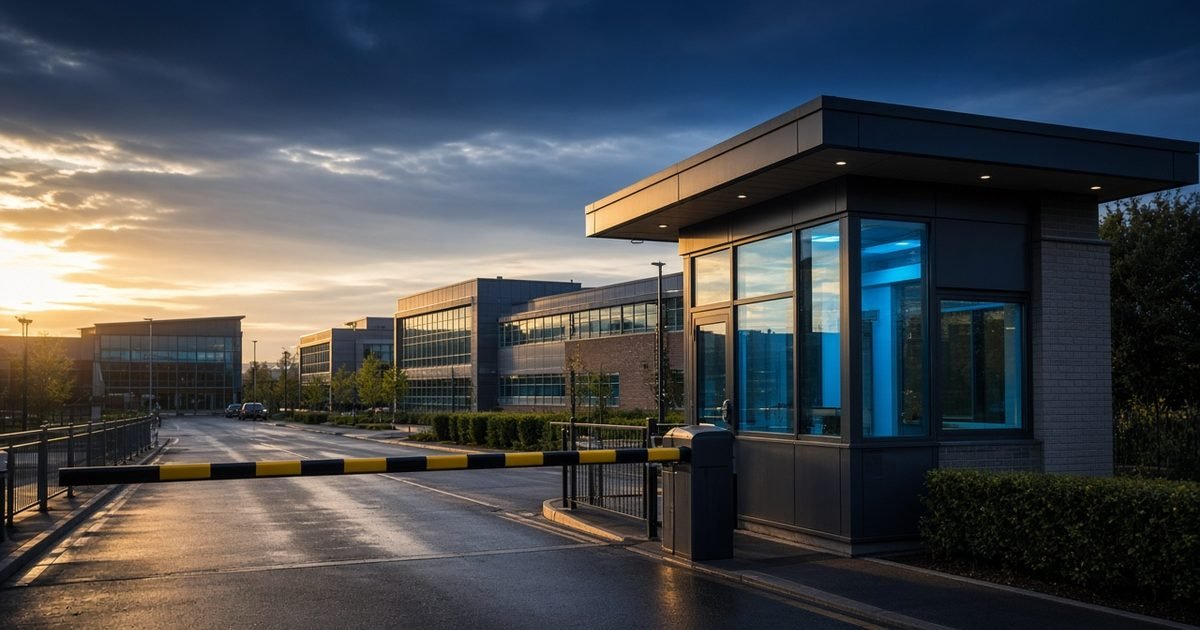 A wide view of a British business park with its gatehouse and barrier at the start of the day in warm light