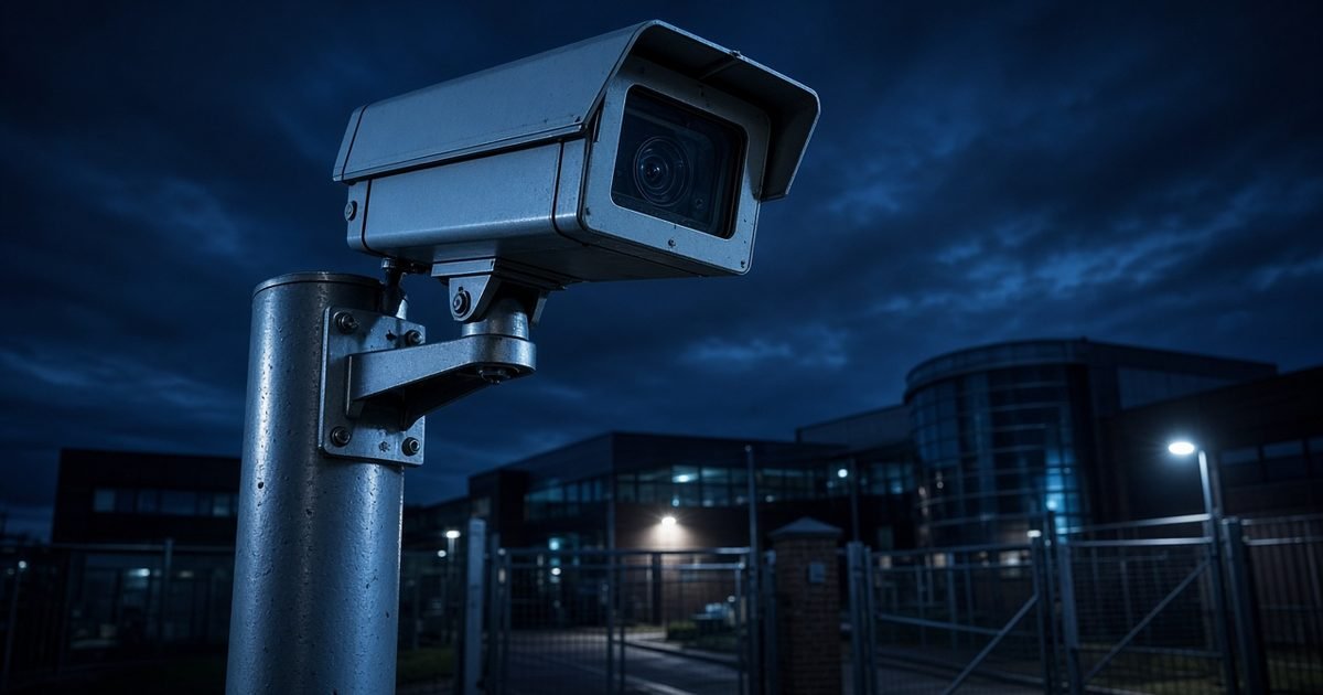 A CCTV camera on a tall column above the gate of a business park at night under a deep blue sky