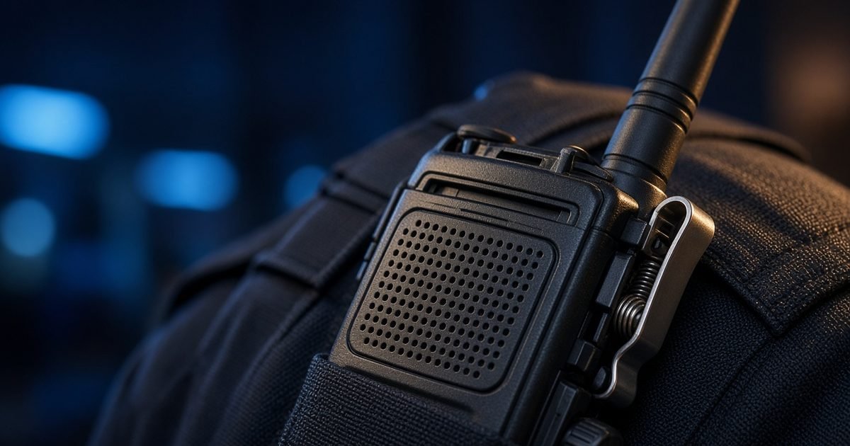 Close detail of a two-way radio clipped to the shoulder of a dark uniform jacket, with one warm light on it