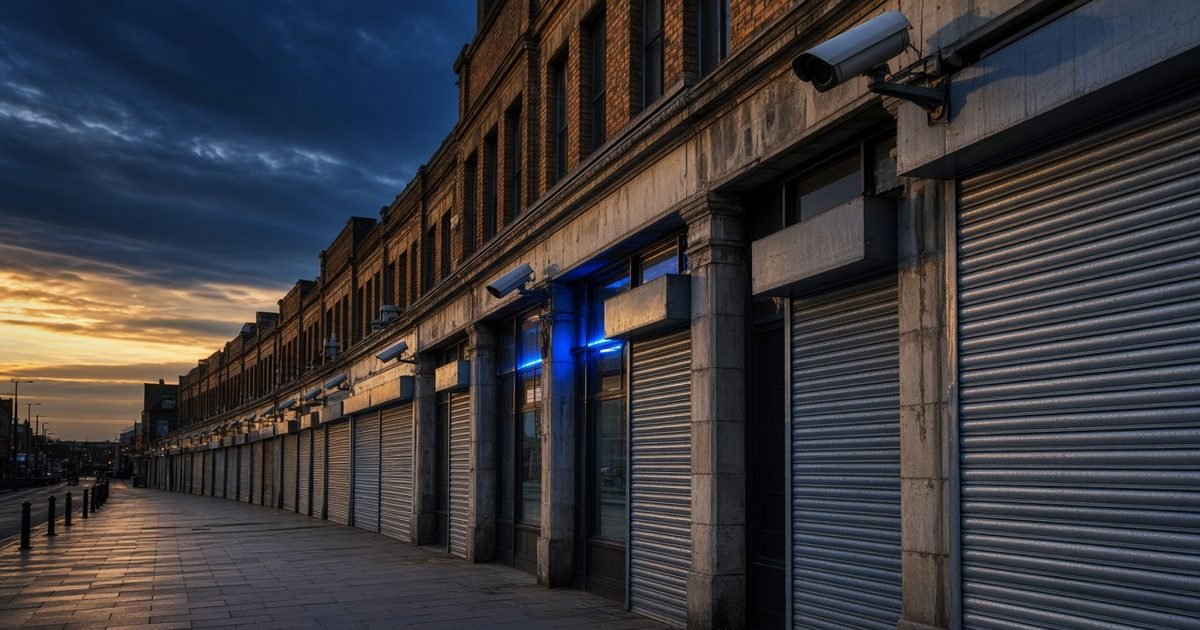 A wide view of a parade of shops with steel shutters and CCTV cameras at dusk in warm light