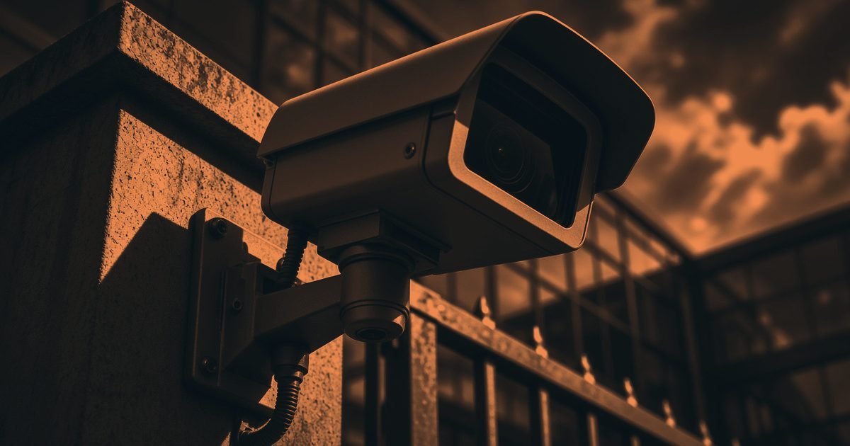 A CCTV camera on a brick pillar above railings in a charcoal and orange duotone