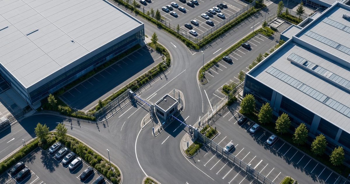 The roads, car parks and security gate of a business park, seen from high above in daylight