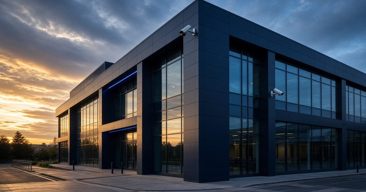 A wide view of a modern commercial building with CCTV cameras on its corners in warm light