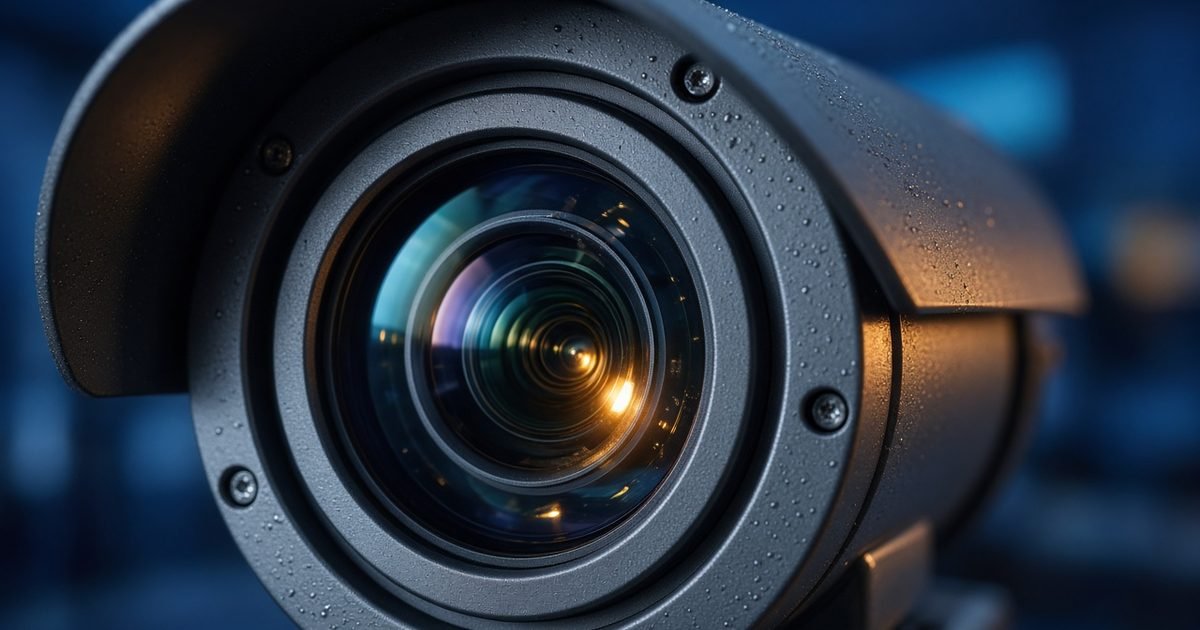 Close detail of the lens and housing of a CCTV camera with one warm light catching the glass, with one warm light on it