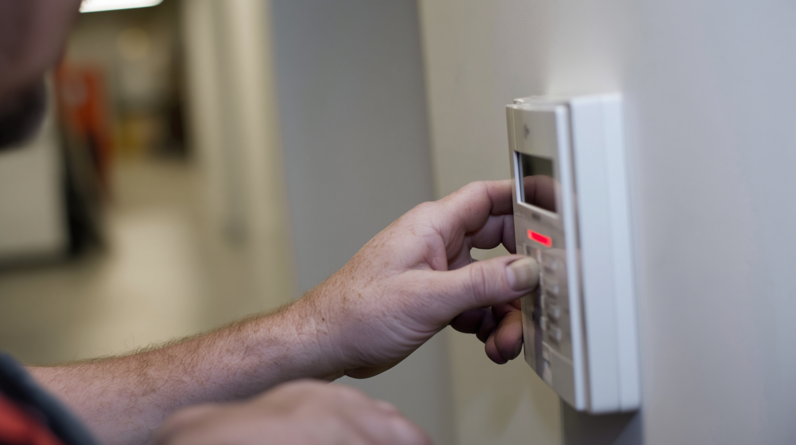 Hands programming an intruder alarm keypad during installation