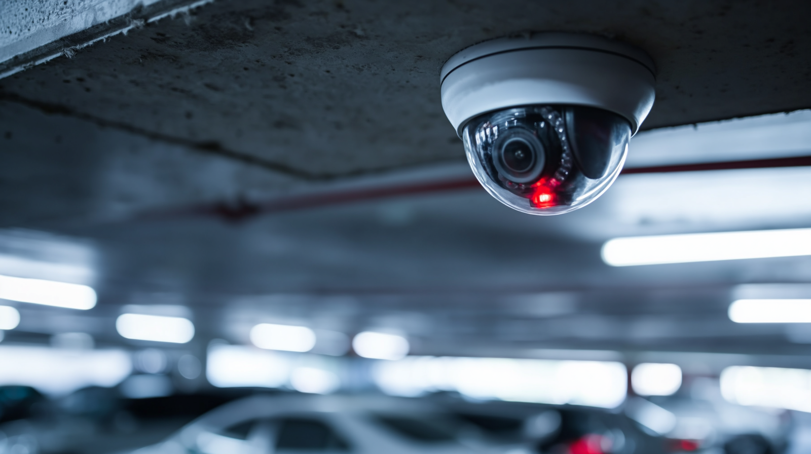 Dome CCTV camera mounted on commercial building ceiling