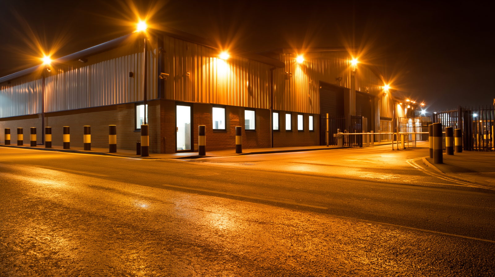Night exterior of commercial premises with perimeter security lighting and cameras